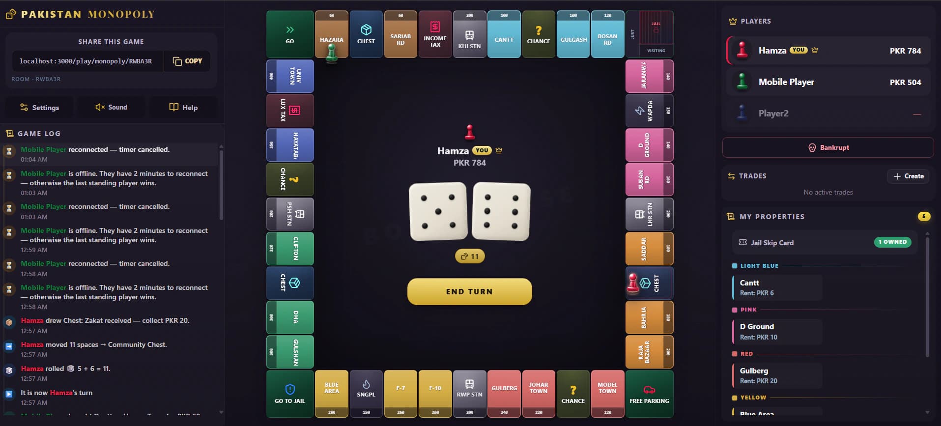 Pakistan Monopoly live board with dark purple UI, property strips, and realtime tokens
